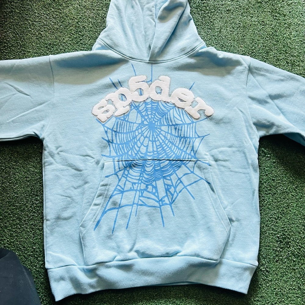 Light Blue Kids' Hoodie with Spiderweb Graphic